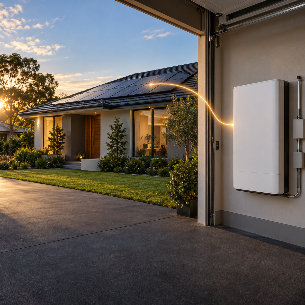 Illustrative solar rooftop connected by a golden light trail to a home battery